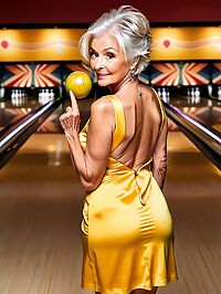 Platinum blonde grandmother with a toned backside in her yellow backless dress