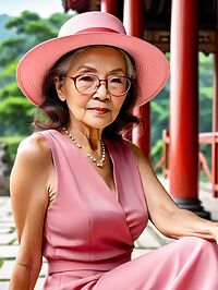 An elderly grandmother with wrinkled skin poses in outdoor pagoda at sunset