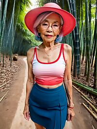 Elderly grandmother strolls through twilight bamboo forest in summer attire