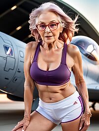 An elderly grandmotherly woman poses in a spaceship hangar at dusk