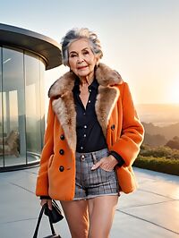 An old woman with grey eyes poses outside an observatory at sunrise
