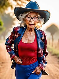 An elderly grandmother in Myanmar wears plaid leather coat red yoga pants at sunset